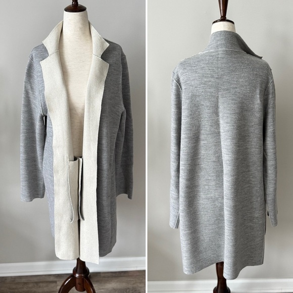Eileen Fisher Merino Wool High Collar Long Sleeve Open-Front Raw Hem Cardigan - Picture 1 of 11